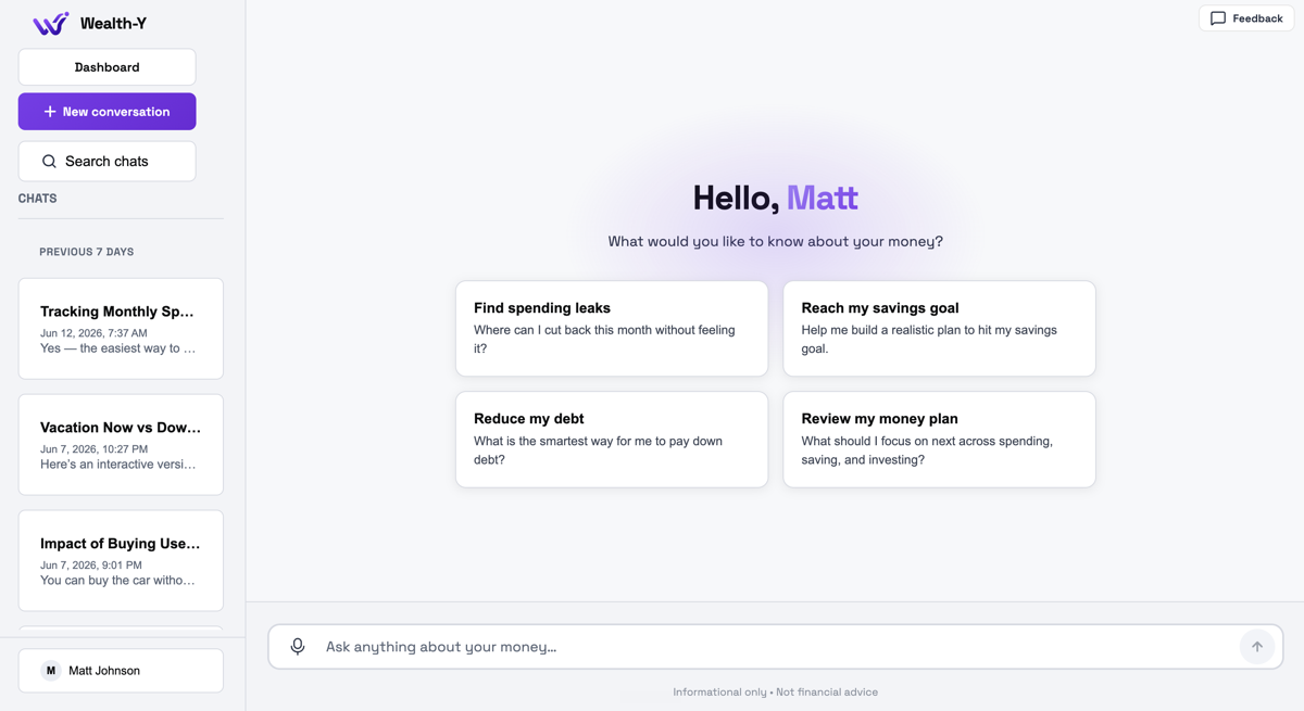 Wealth-Y dashboard showing accounts overview and AI chat interface